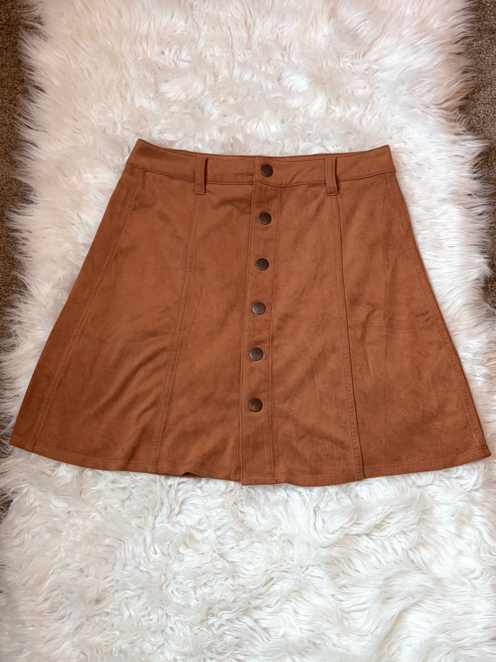Brown Faux Suede Button-Front A-Line Mini Skirt